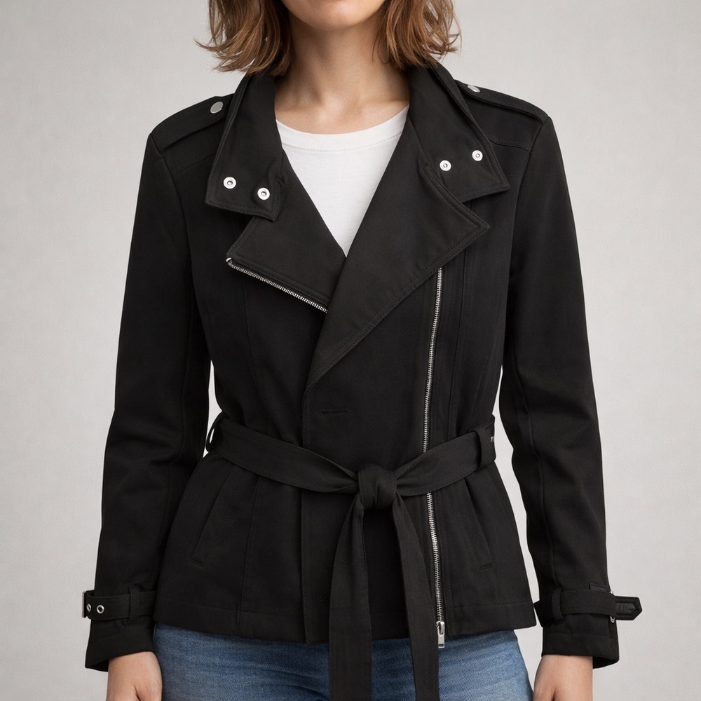 Kenneth Cole Reaction Black Belted Moto Trench Jacket Women’s Large
